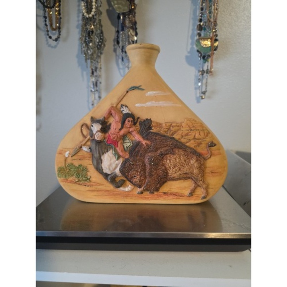 Ceramic Bisque Native American Decanter Indian hunter 1987 Signed